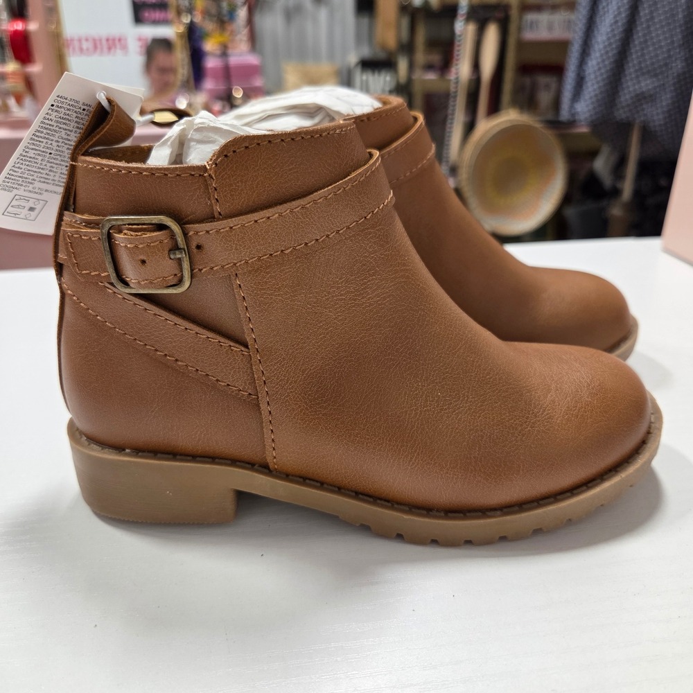 Old Navy Girls Cognac Brown Faux Leather Buckle Ankle Boots Size 11 NEW
